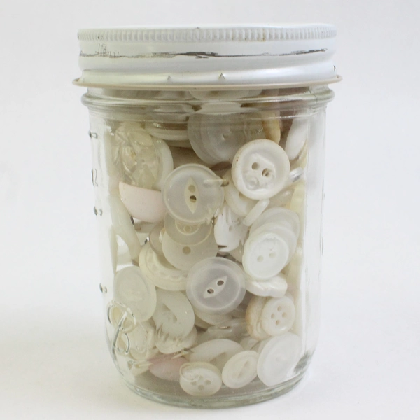 8 Oz Jar Of Assorted Sewing Buttons White Cream & Clear