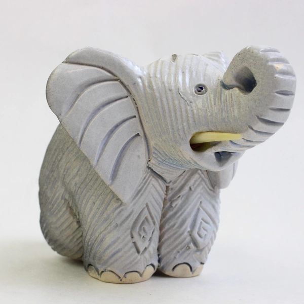 Small Cute Handmade Ceramic Elephant Figurine Blue Black 3.25" Tall