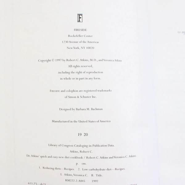 Dr. Atkins' Quick & Easy New Diet Cookbook by Robert C & Veronica Atkins 1997 PB