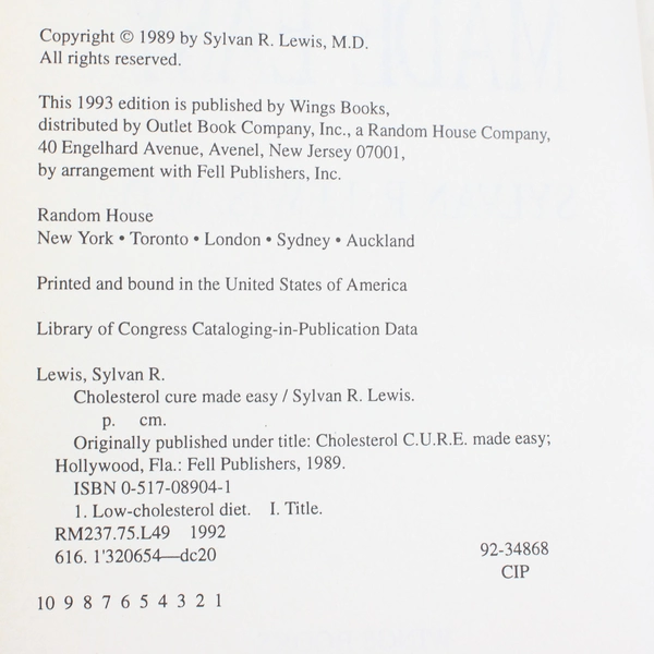 Cholesterol Cure Made Easy by Sylvan R Lewis 1993 Hardcover Dust Jacket