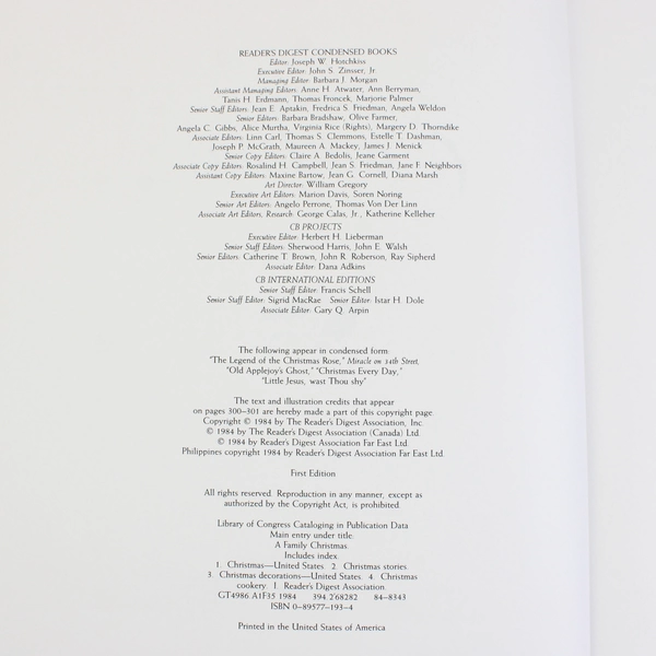 Reader's Digest Family Christmas 1984 Features Stories Crafts HC DJ 1st Edition 