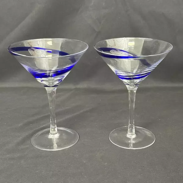 Lot of 2 Pier 1 Crystal Martini Glasses Swirline Cobalt Blue