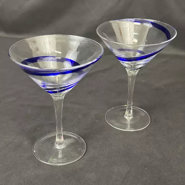 Lot of 2 Pier 1 Crystal Martini Glasses Swirline Cobalt Blue