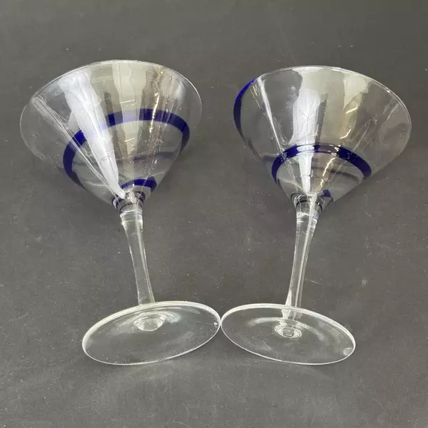 Lot of 2 Pier 1 Crystal Martini Glasses Swirline Cobalt Blue