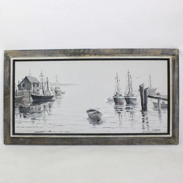 A. Mckenzie Painting On Canvas Board 42" x 20" Boat Harbor Framed 48" x 26"
