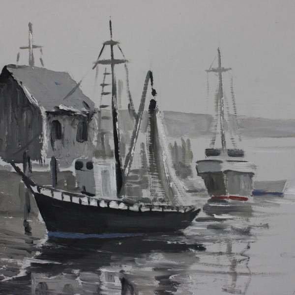 A. Mckenzie Painting On Canvas Board 42" x 20" Boat Harbor Framed 48" x 26"