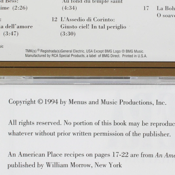 Sharon O'Connor's Menus And Music Dining & the Opera in Manhattan Book & CD VIII