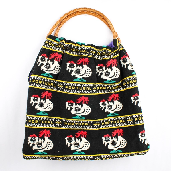 Vintage Knitting Sewing Bag Woven Bamboo Handles Rooster Boho Portugal