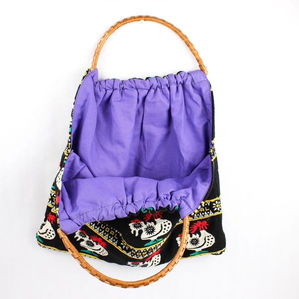 Vintage Knitting Sewing Bag Woven Bamboo Handles Rooster Boho Portugal