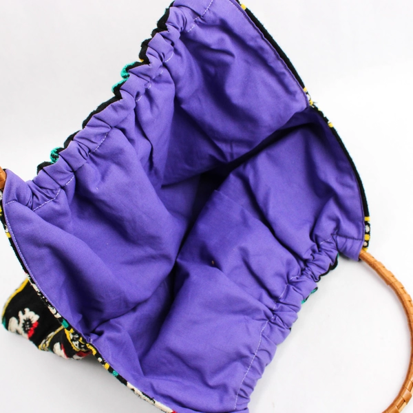 Vintage Knitting Sewing Bag Woven Bamboo Handles Rooster Boho Portugal