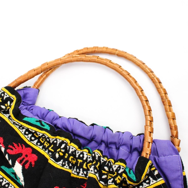 Vintage Knitting Sewing Bag Woven Bamboo Handles Rooster Boho Portugal