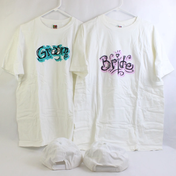 Lot Of 4 Lillian Rose Bride & Groom Fun T-Shirts & Snap Back Caps Wedding 80s