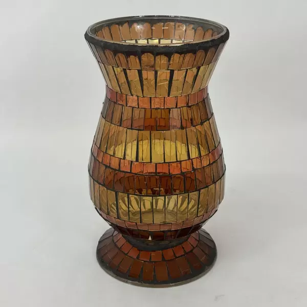 HD Designs Mosaic Glass Pillar Candle Holder 9 Inch Brown Orange Amber