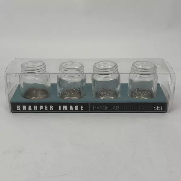 Set of 4 Sharper Image Mason Jar Shot Glasses Embossed Cheers