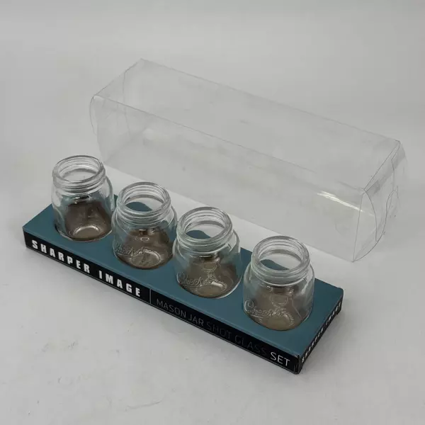 Set of 4 Sharper Image Mason Jar Shot Glasses Embossed Cheers