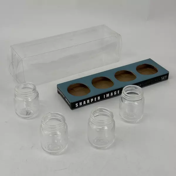 Set of 4 Sharper Image Mason Jar Shot Glasses Embossed Cheers