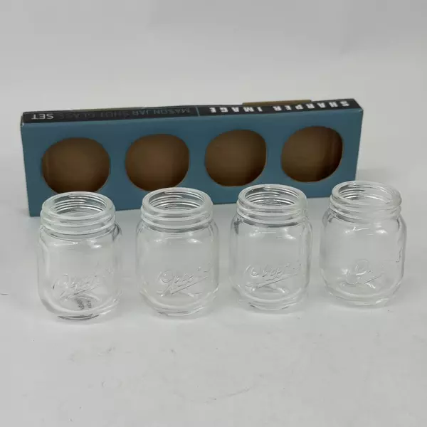 Set of 4 Sharper Image Mason Jar Shot Glasses Embossed Cheers