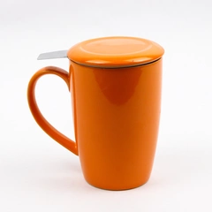 Steeped Tea Inc Orange Ceramic Handled Mug With Tea Infuser & Lid 16 oz 5" Tall