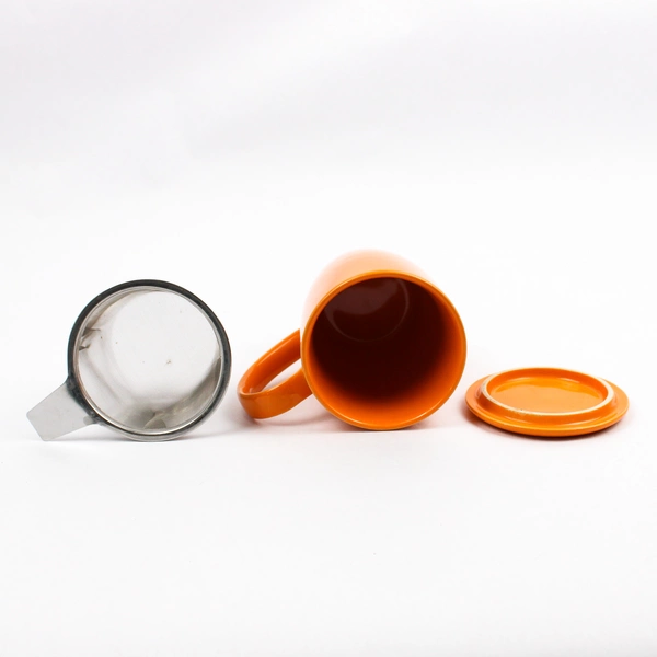 Steeped Tea Inc Orange Ceramic Handled Mug With Tea Infuser & Lid 16 oz 5" Tall
