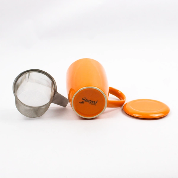 Steeped Tea Inc Orange Ceramic Handled Mug With Tea Infuser & Lid 16 oz 5" Tall