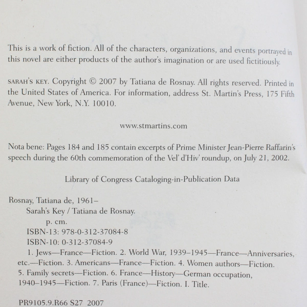 Sarah's Key: A Novel By Tatiana de Rosnay (2007, Paperback, St. Martin's Press)