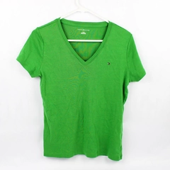 Tommy Hilfiger Solid Green Short-Sleeved V-Neck T-Shirt Women's Large