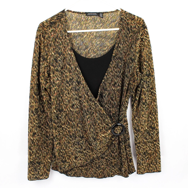 Notations Green Brown Black Speckled Ribbed Long-Sleeved Blouse Women's Large