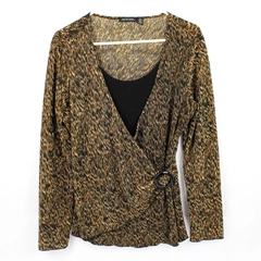 Notations Green Brown Black Speckled Ribbed Long-Sleeved Blouse Women's Large
