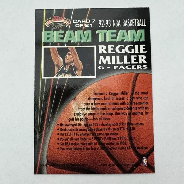 1992-1993 Topps Stadium Club NBA Members Only Reggie Miller Beam Team 7 of 21