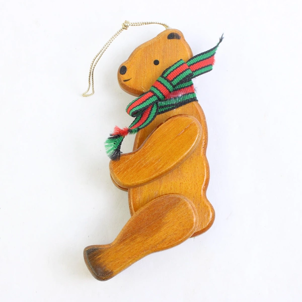 Vintage Jointed Wooden Bear Christmas Tree Ornament 5.5"