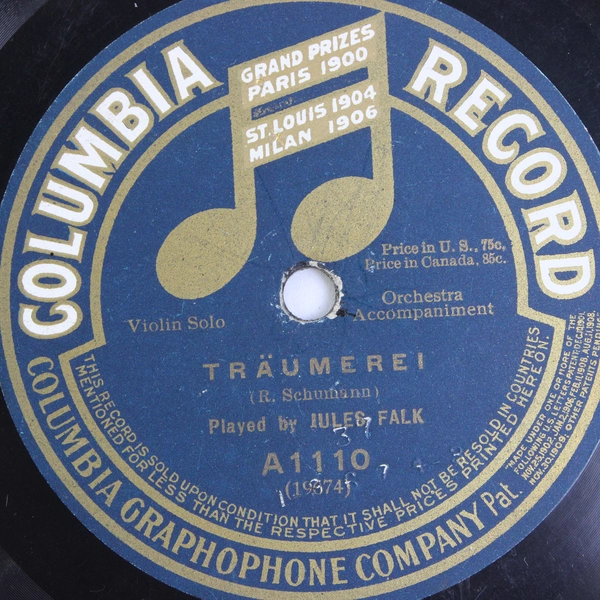 Vtg Edison 78 RPM Record No. A1110 Ave Maria/Traumerei, Jules Falk Columbia 1904
