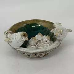 Ceramic Bird Nest Bird Bath or Feeder Made In China With Birds On the Edge