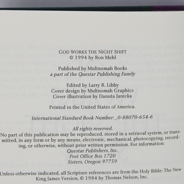 God Works the Night Shift by Ron Mehl 1994 Hardcover No Dust Jacket