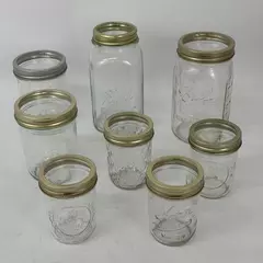 Lot of 8 Assorted Sized Canning Jars With Rings Ball and Kerr 1/2 Pint to Quart