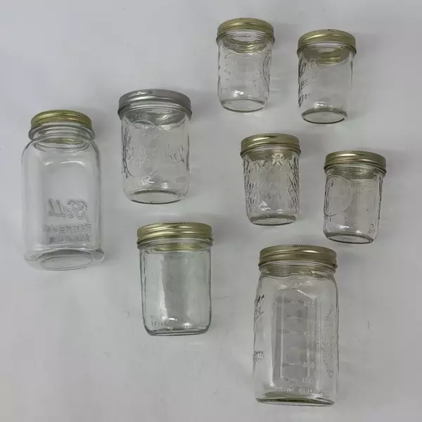 Lot of 8 Assorted Sized Canning Jars With Rings Ball and Kerr 1/2 Pint to Quart