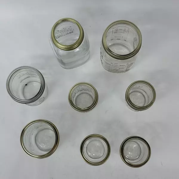 Lot of 8 Assorted Sized Canning Jars With Rings Ball and Kerr 1/2 Pint to Quart