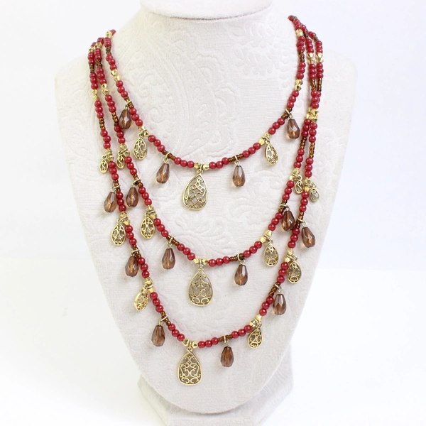 Robert Rose Three-Strand Red & Brown Beaded Gold-Tone Boho Necklace 16.5"