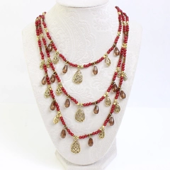 Robert Rose Three-Strand Red & Brown Beaded Gold-Tone Boho Necklace 16.5"