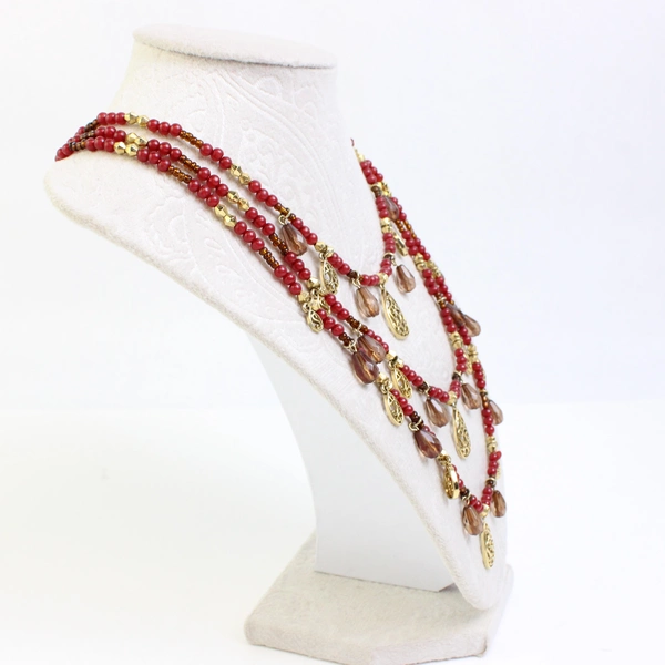 Robert Rose Three-Strand Red & Brown Beaded Gold-Tone Boho Necklace 16.5"