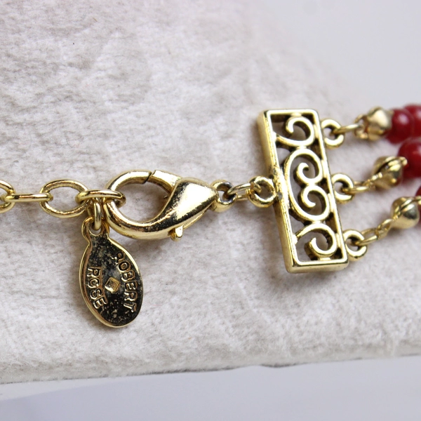 Robert Rose Three-Strand Red & Brown Beaded Gold-Tone Boho Necklace 16.5"