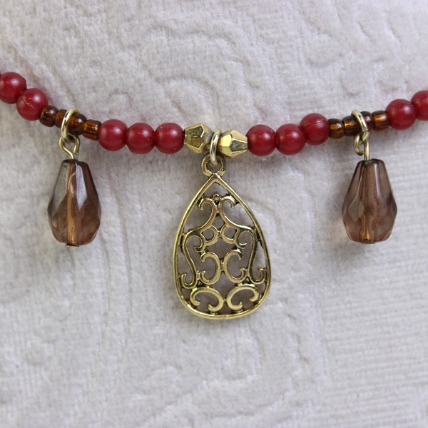 Robert Rose Three-Strand Red & Brown Beaded Gold-Tone Boho Necklace 16.5"