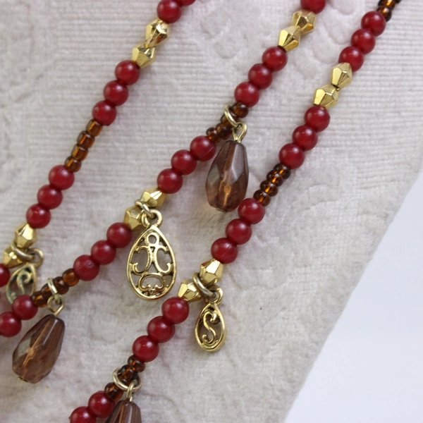 Robert Rose Three-Strand Red & Brown Beaded Gold-Tone Boho Necklace 16.5"