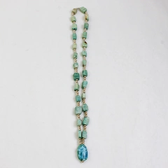 Turquoise Blue and Silver-Tone Beaded Scarab Necklace 14.5"