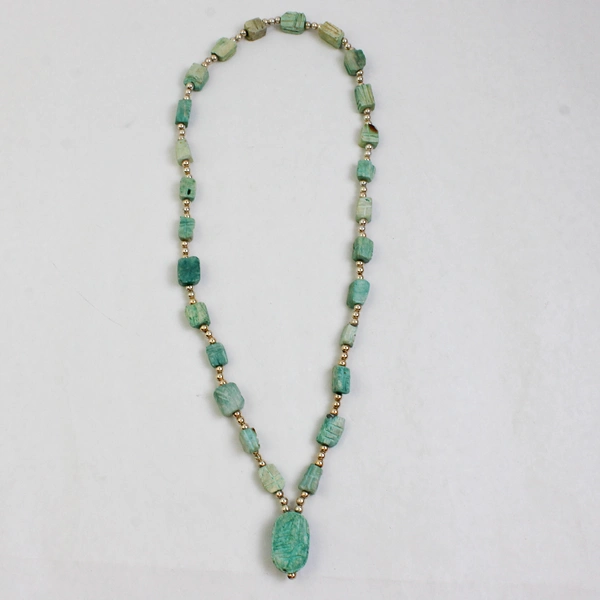 Turquoise Blue and Silver-Tone Beaded Scarab Necklace 14.5"