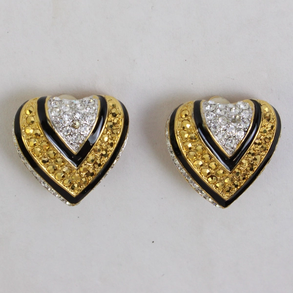 Joan Rivers Black Enamel Gold-Tone and Silver-Tone Clip On Heart Earrings