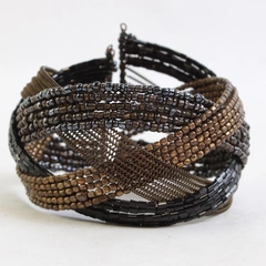 Brown and Black Beaded Cuff Bracelet Braided Design