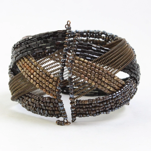 Brown and Black Beaded Cuff Bracelet Braided Design
