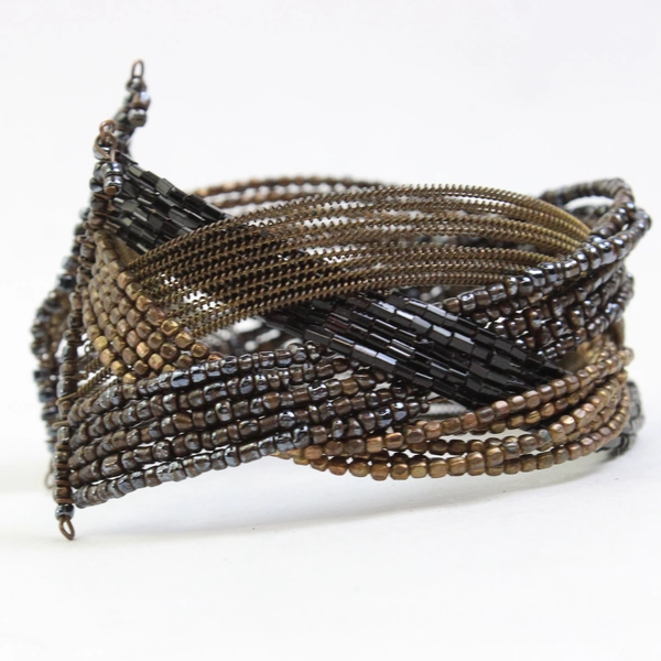 Brown and Black Beaded Cuff Bracelet Braided Design