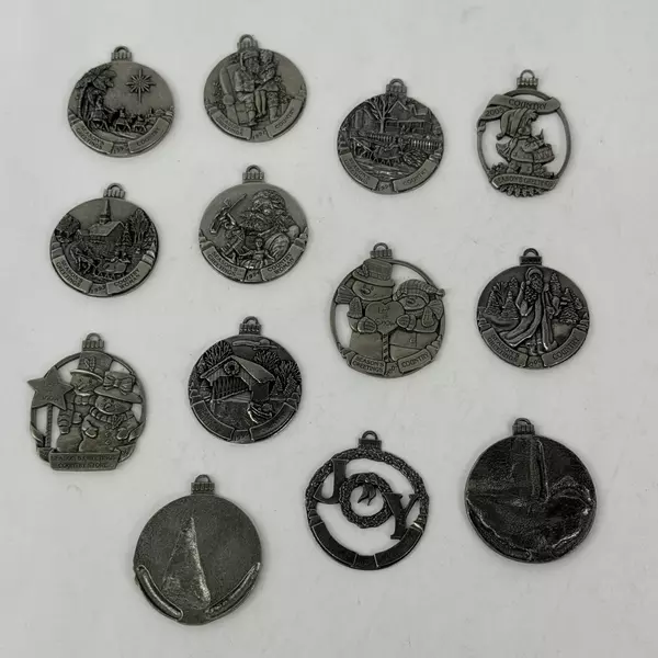Lot of 13 Season's Greeting Country Pewter Christmas Ornaments 1994-2006