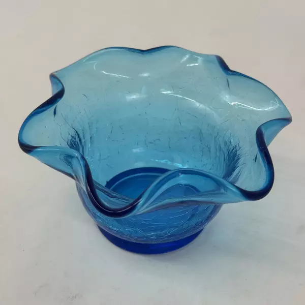 Blue Ruffled Rim Crackled Glass Bowl 5 Inch